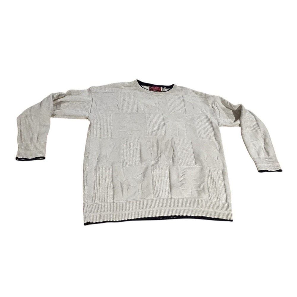 Vintage‎ Knitwear Binghamton White Navy USA Made Cotton Sweater Medium Bear Wolf